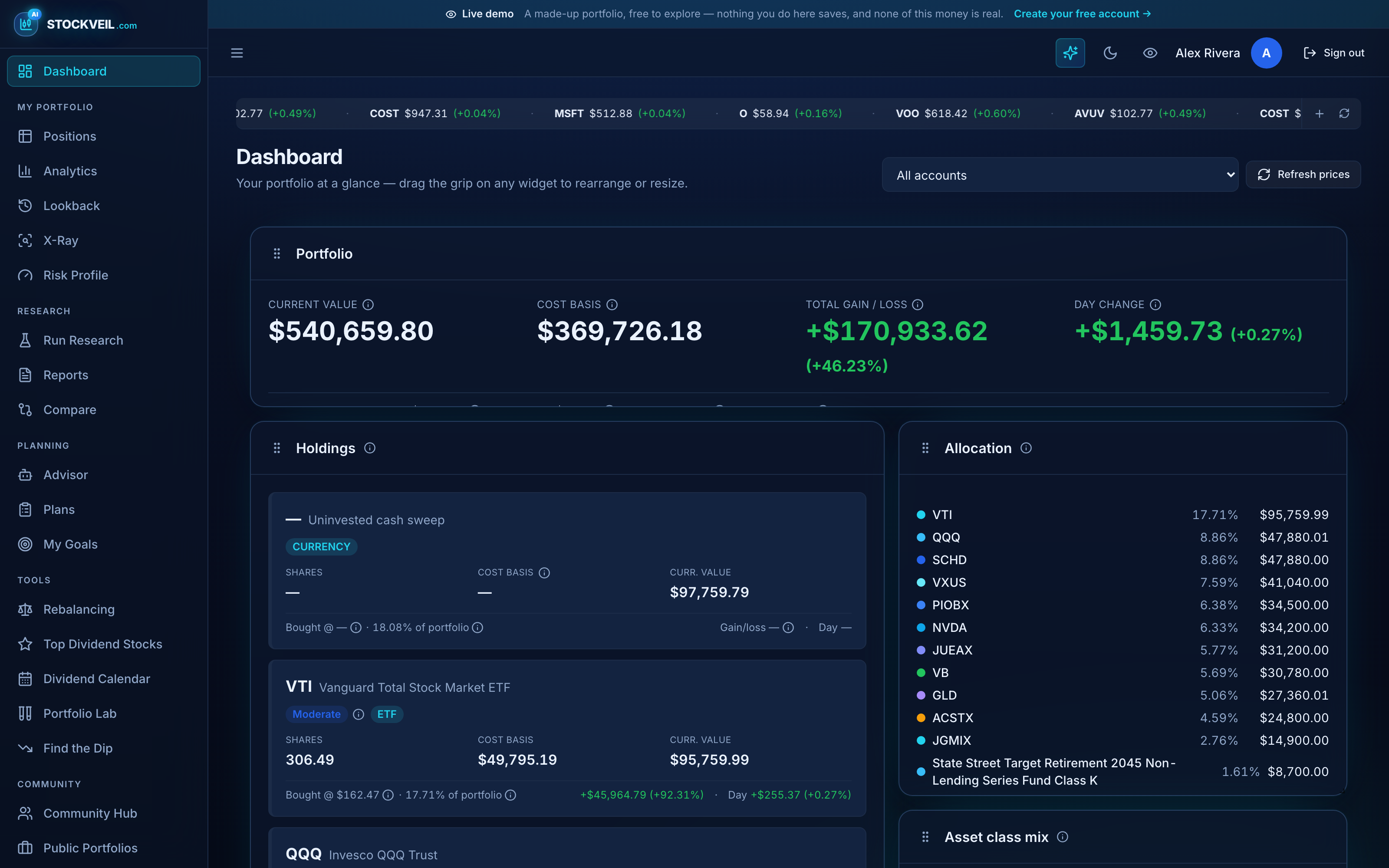 The Stockveil dashboard showing a portfolio total, holdings and allocation