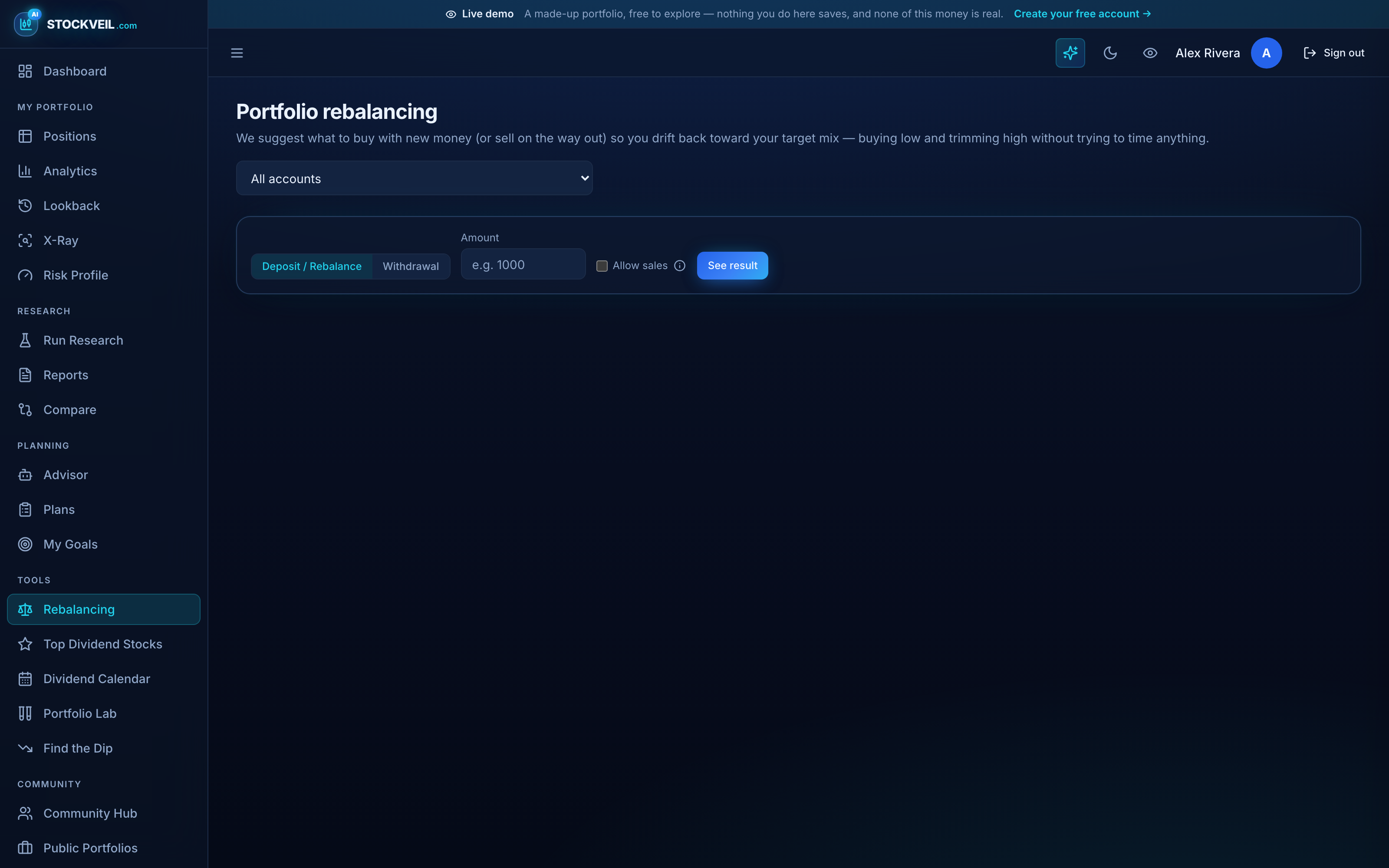 The rebalancing tool showing before and after allocations